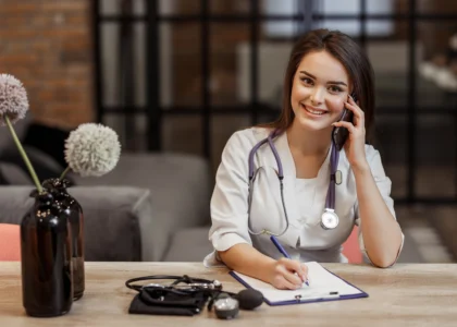 beautiful young female medical private doctor is looking camera smiling while give recipe call