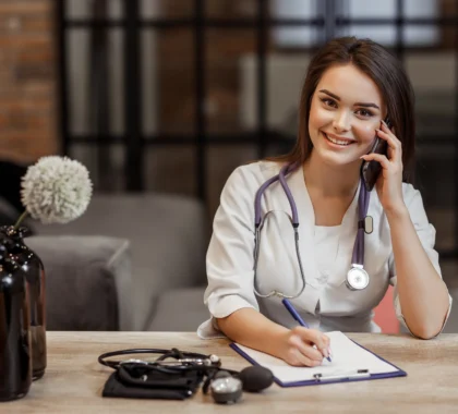 beautiful young female medical private doctor is looking camera smiling while give recipe call